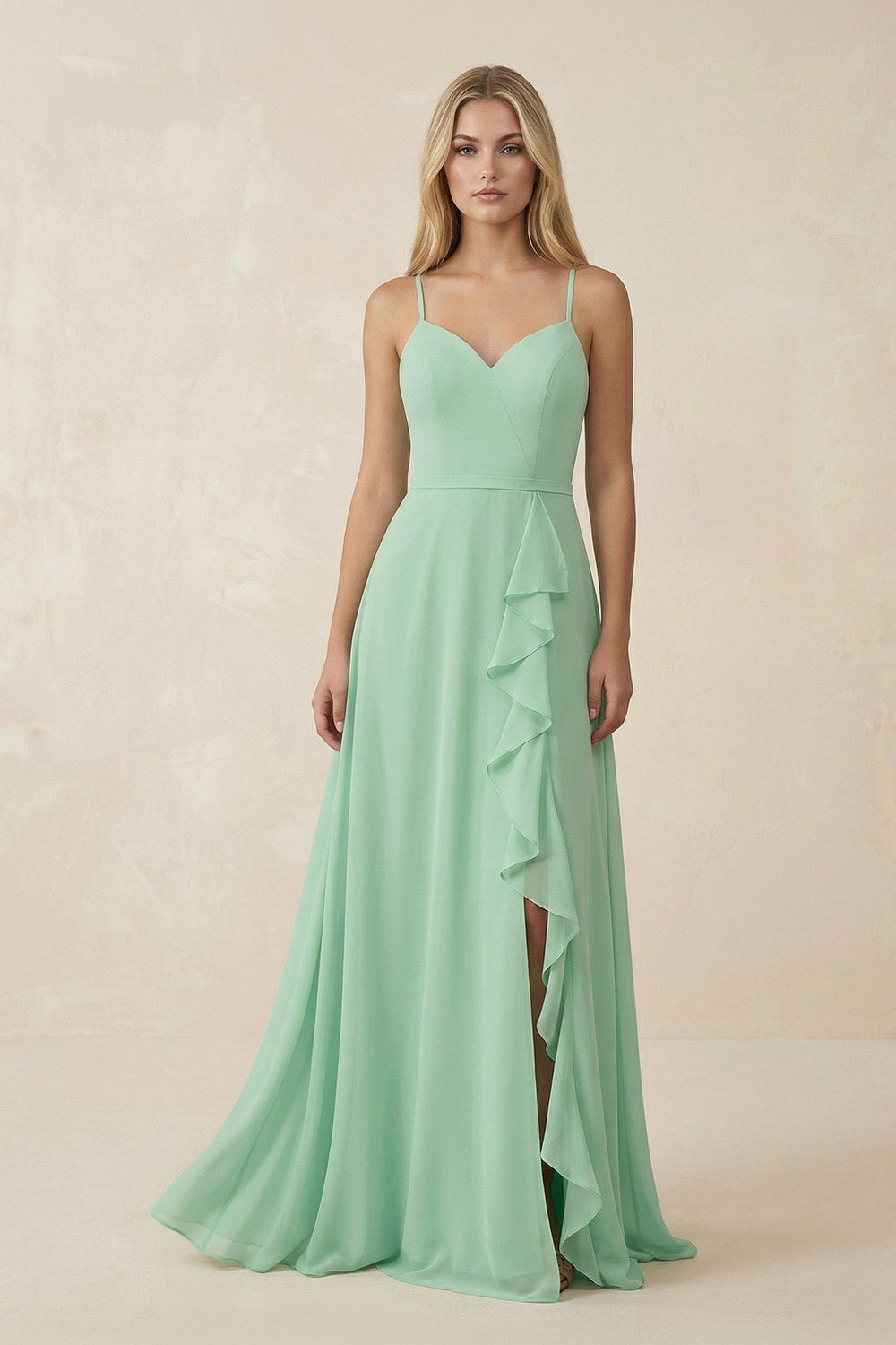 Ruffled Hem A-Line Chiffon Bridesmaid Dress in Pale Pistachio - SHE IS ME BRIDESMAID DRESSES