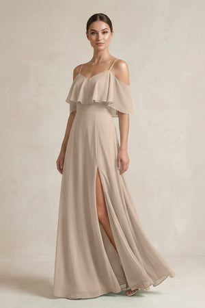 Ruffled Off - the - Shoulder A - Line Chiffon Bridesmaid Gown in Almond - SHE IS ME Bridesmaid Dresses