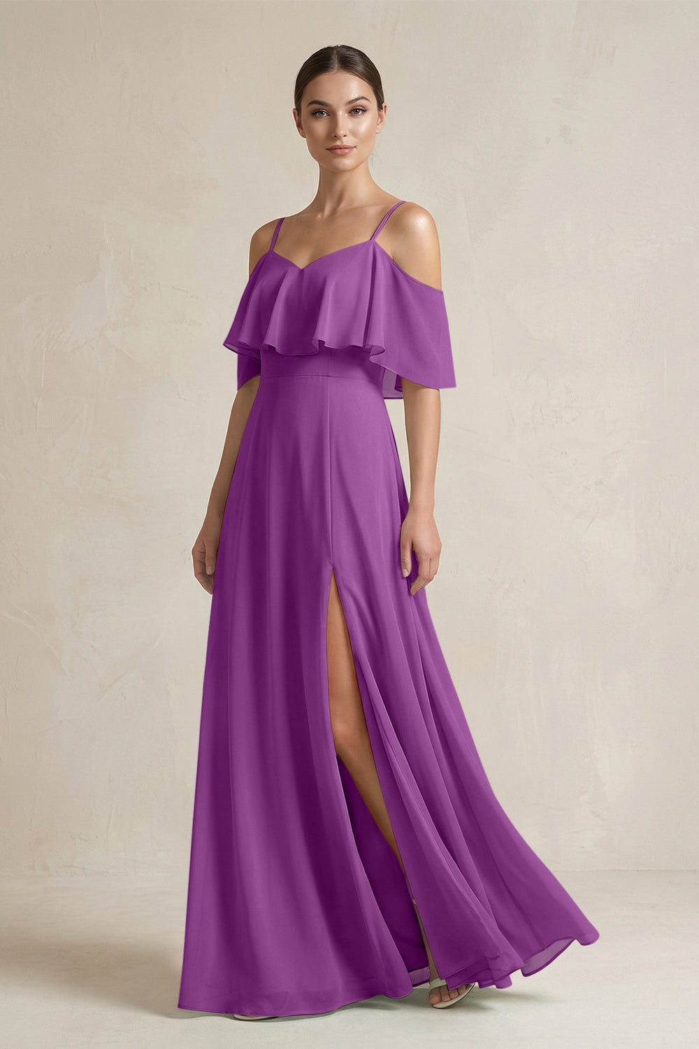 Ruffled Off - the - Shoulder A - Line Chiffon Bridesmaid Gown in Amethyst - SHE IS ME Bridesmaid Dresses