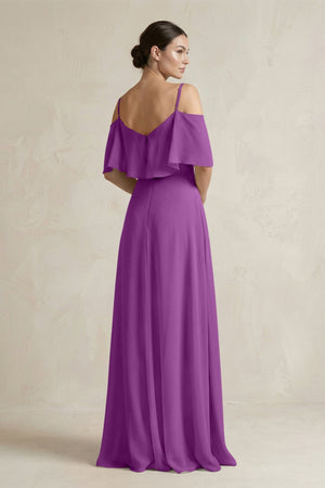 Ruffled Off - the - Shoulder A - Line Chiffon Bridesmaid Gown in Amethyst - SHE IS ME Bridesmaid Dresses
