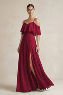 Ruffled Off - the - Shoulder A - Line Chiffon Bridesmaid Gown in Berry - SHE IS ME Bridesmaid Dresses