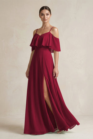 Ruffled Off - the - Shoulder A - Line Chiffon Bridesmaid Gown in Berry - SHE IS ME Bridesmaid Dresses