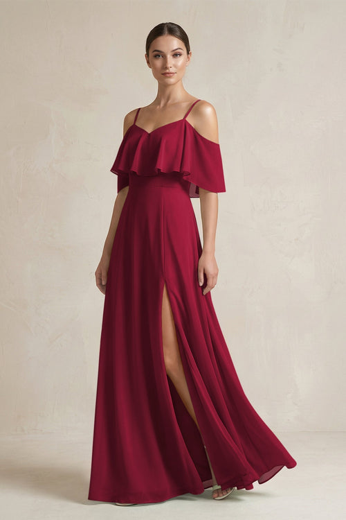 Ruffled Off - the - Shoulder A - Line Chiffon Bridesmaid Gown in Berry - SHE IS ME Bridesmaid Dresses