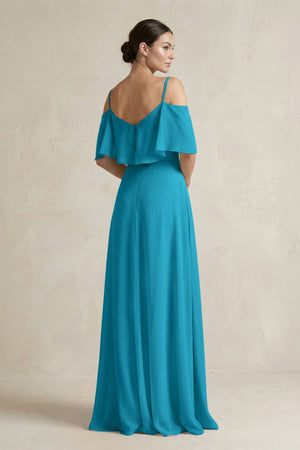 Ruffled Off - the - Shoulder A - Line Chiffon Bridesmaid Gown in Blue Jay - SHE IS ME Bridesmaid Dresses