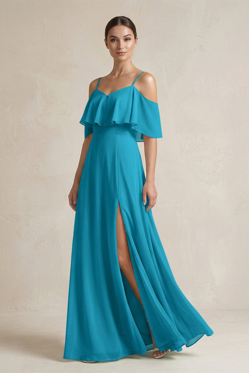 Ruffled Off - the - Shoulder A - Line Chiffon Bridesmaid Gown in Blue Jay - SHE IS ME Bridesmaid Dresses