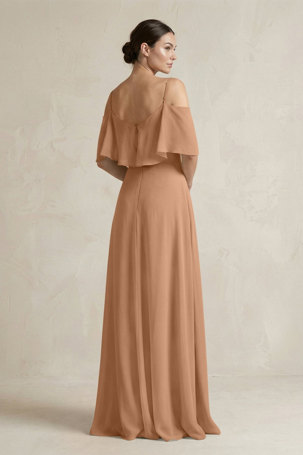 Ruffled Off - the - Shoulder A - Line Chiffon Bridesmaid Gown in Bronzer - SHE IS ME Bridesmaid Dresses