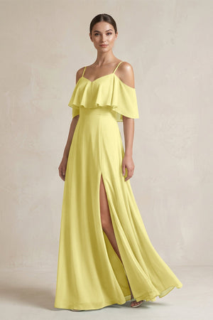 Ruffled Off - the - Shoulder A - Line Chiffon Bridesmaid Gown in Buttercup - SHE IS ME Bridesmaid Dresses