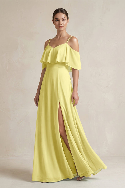 Ruffled Off - the - Shoulder A - Line Chiffon Bridesmaid Gown in Buttercup - SHE IS ME Bridesmaid Dresses