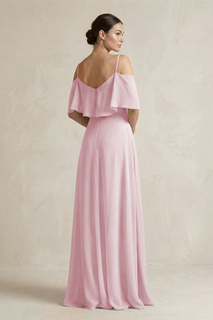 Ruffled Off - the - Shoulder A - Line Chiffon Bridesmaid Gown in Candy Pink - SHE IS ME Bridesmaid Dresses