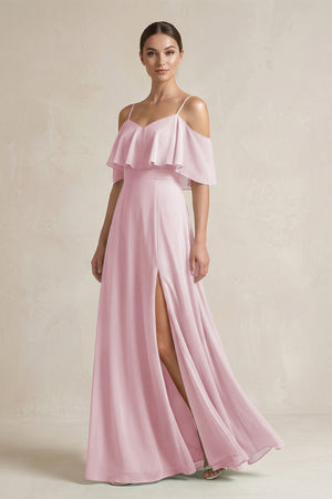 Ruffled Off - the - Shoulder A - Line Chiffon Bridesmaid Gown in Candy Pink - SHE IS ME Bridesmaid Dresses