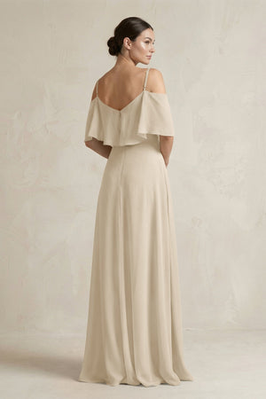 Ruffled Off - the - Shoulder A - Line Chiffon Bridesmaid Gown in Champagne - SHE IS ME Bridesmaid Dresses