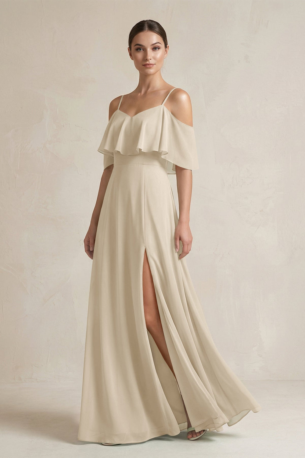 Ruffled Off - the - Shoulder A - Line Chiffon Bridesmaid Gown in Champagne - SHE IS ME Bridesmaid Dresses