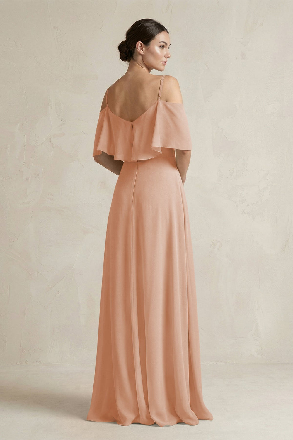 Ruffled Off - the - Shoulder A - Line Chiffon Bridesmaid Gown in Champagne Rose - SHE IS ME Bridesmaid Dresses