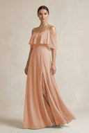 Ruffled Off - the - Shoulder A - Line Chiffon Bridesmaid Gown in Champagne Rose - SHE IS ME Bridesmaid Dresses