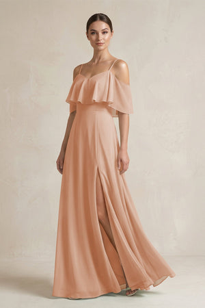 Ruffled Off - the - Shoulder A - Line Chiffon Bridesmaid Gown in Champagne Rose - SHE IS ME Bridesmaid Dresses