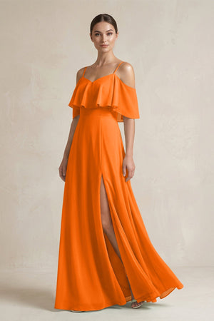 Ruffled Off - the - Shoulder A - Line Chiffon Bridesmaid Gown in Cinnamon - SHE IS ME Bridesmaid Dresses