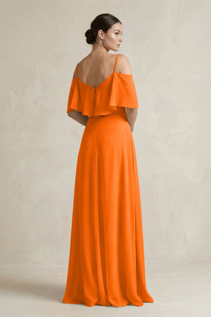 Ruffled Off - the - Shoulder A - Line Chiffon Bridesmaid Gown in Cinnamon - SHE IS ME Bridesmaid Dresses