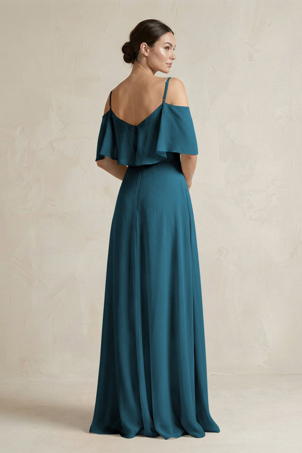Ruffled Off - the - Shoulder A - Line Chiffon Bridesmaid Gown in Dark Teal - SHE IS ME Bridesmaid Dresses