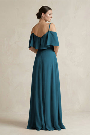 Ruffled Off - the - Shoulder A - Line Chiffon Bridesmaid Gown in Dark Teal - SHE IS ME Bridesmaid Dresses