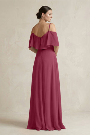 Ruffled Off - the - Shoulder A - Line Chiffon Bridesmaid Gown in Desert Rose - SHE IS ME Bridesmaid Dresses