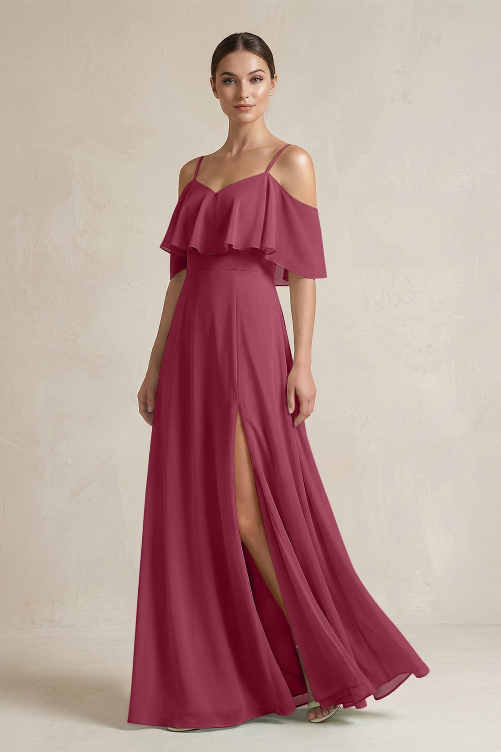 Ruffled Off - the - Shoulder A - Line Chiffon Bridesmaid Gown in Desert Rose - SHE IS ME Bridesmaid Dresses