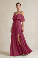 Ruffled Off - the - Shoulder A - Line Chiffon Bridesmaid Gown in Desert Rose - SHE IS ME Bridesmaid Dresses