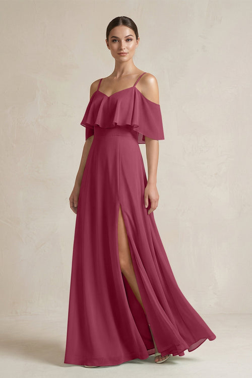 Ruffled Off - the - Shoulder A - Line Chiffon Bridesmaid Gown in Desert Rose - SHE IS ME Bridesmaid Dresses