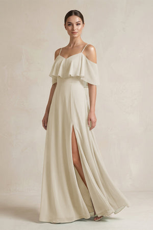 Ruffled Off - the - Shoulder A - Line Chiffon Bridesmaid Gown in Dove Gray - SHE IS ME Bridesmaid Dresses