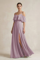 Ruffled Off - the - Shoulder A - Line Chiffon Bridesmaid Gown in Dusk - SHE IS ME Bridesmaid Dresses
