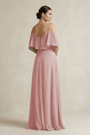 Ruffled Off - the - Shoulder A - Line Chiffon Bridesmaid Gown in Dusty Rose - SHE IS ME Bridesmaid Dresses