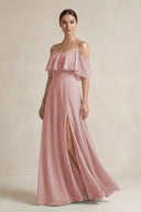 Ruffled Off - the - Shoulder A - Line Chiffon Bridesmaid Gown in Dusty Rose - SHE IS ME Bridesmaid Dresses