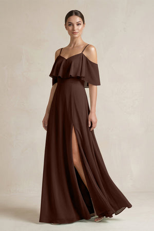 Ruffled Off - the - Shoulder A - Line Chiffon Bridesmaid Gown in Espresso - SHE IS ME Bridesmaid Dresses