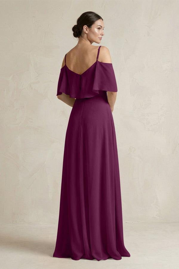 Ruffled Off - the - Shoulder A - Line Chiffon Bridesmaid Gown in Fig - SHE IS ME Bridesmaid Dresses