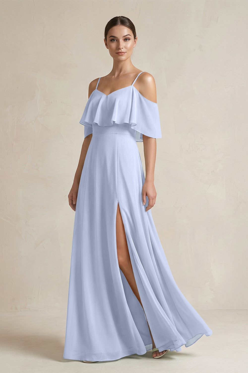 Ruffled Off - the - Shoulder A - Line Chiffon Bridesmaid Gown in Ice - SHE IS ME Bridesmaid Dresses