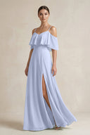Ruffled Off - the - Shoulder A - Line Chiffon Bridesmaid Gown in Ice - SHE IS ME Bridesmaid Dresses