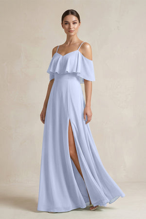 Ruffled Off - the - Shoulder A - Line Chiffon Bridesmaid Gown in Ice - SHE IS ME Bridesmaid Dresses