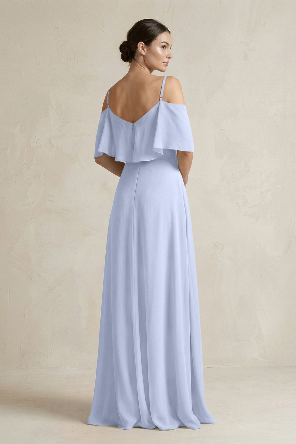 Ruffled Off - the - Shoulder A - Line Chiffon Bridesmaid Gown in Ice - SHE IS ME Bridesmaid Dresses