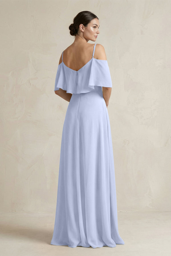 Ruffled Off - the - Shoulder A - Line Chiffon Bridesmaid Gown in Ice - SHE IS ME Bridesmaid Dresses