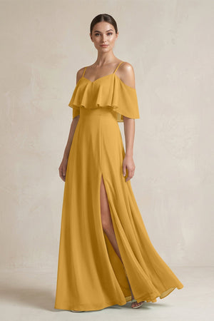 Ruffled Off - the - Shoulder A - Line Chiffon Bridesmaid Gown in Marigold - SHE IS ME Bridesmaid Dresses