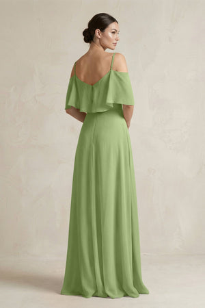 Ruffled Off - the - Shoulder A - Line Chiffon Bridesmaid Gown in Matcha - SHE IS ME Bridesmaid Dresses