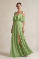 Ruffled Off - the - Shoulder A - Line Chiffon Bridesmaid Gown in Matcha - SHE IS ME Bridesmaid Dresses