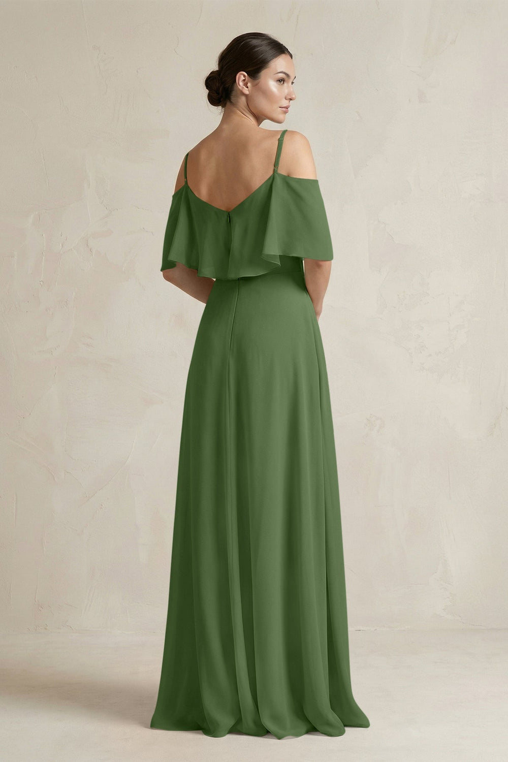 Ruffled Off - the - Shoulder A - Line Chiffon Bridesmaid Gown in Moss - SHE IS ME Bridesmaid Dresses