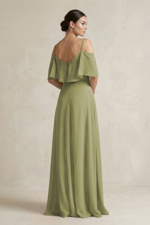 Ruffled Off - the - Shoulder A - Line Chiffon Bridesmaid Gown in Moss Green - SHE IS ME Bridesmaid Dresses