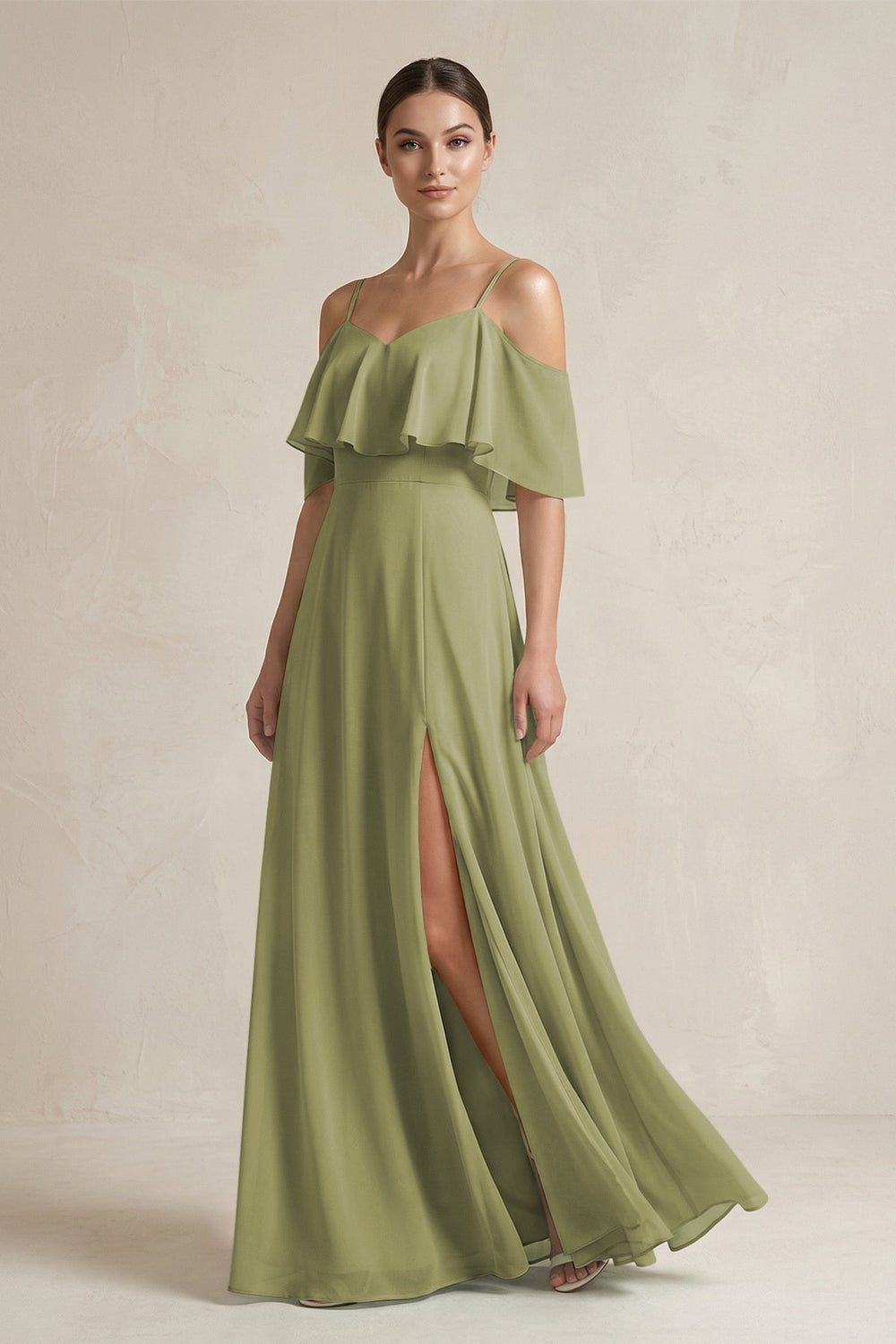 Ruffled Off - the - Shoulder A - Line Chiffon Bridesmaid Gown in Moss Green - SHE IS ME Bridesmaid Dresses