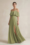 Ruffled Off - the - Shoulder A - Line Chiffon Bridesmaid Gown in Moss Green - SHE IS ME Bridesmaid Dresses