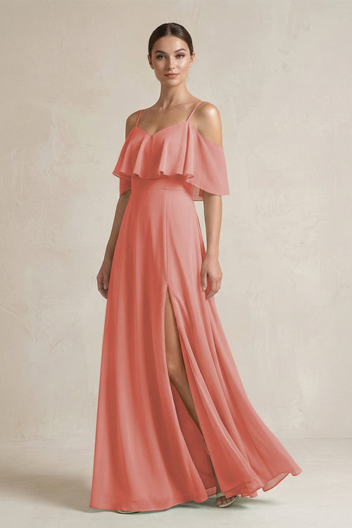 Ruffled Off - the - Shoulder A - Line Chiffon Bridesmaid Gown in Mulberry - SHE IS ME Bridesmaid Dresses