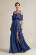 Ruffled Off - the - Shoulder A - Line Chiffon Bridesmaid Gown in Navy - SHE IS ME Bridesmaid Dresses