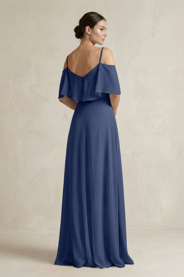 Ruffled Off - the - Shoulder A - Line Chiffon Bridesmaid Gown in Navy - SHE IS ME Bridesmaid Dresses