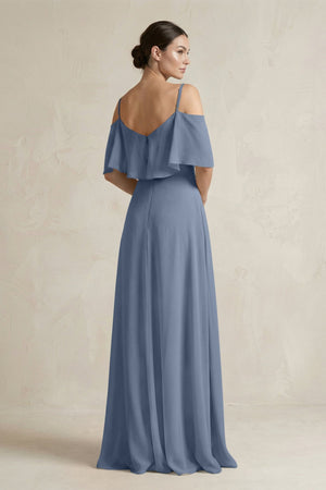 Ruffled Off - the - Shoulder A - Line Chiffon Bridesmaid Gown in Neptune - SHE IS ME Bridesmaid Dresses