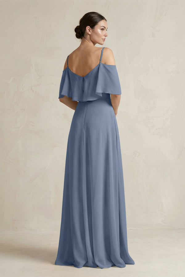 Ruffled Off - the - Shoulder A - Line Chiffon Bridesmaid Gown in Neptune - SHE IS ME Bridesmaid Dresses